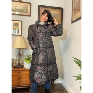 Vintage 80s Bill Blass winter down puff coat feather down dark romantic floral